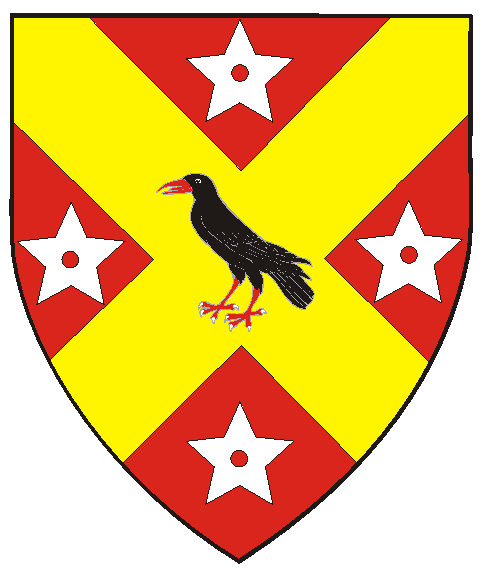 Gules, on a saltire Or between four mullets pierced argent, a raven sable.