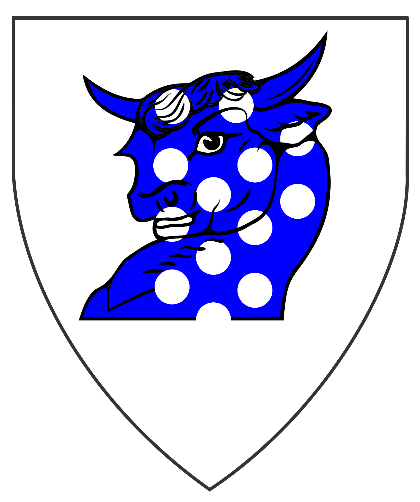 Argent, a bull's head couped at the shoulders azure semy of plates.