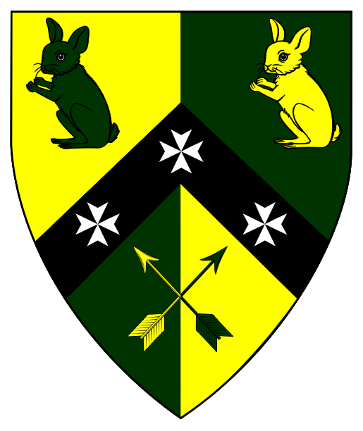 Per pale and per chevron Or and vert, on a chevron sable 
between two hares sejant erect and two arrows inverted
 in saltire counterchanged three Maltese crosses palewise argent. 