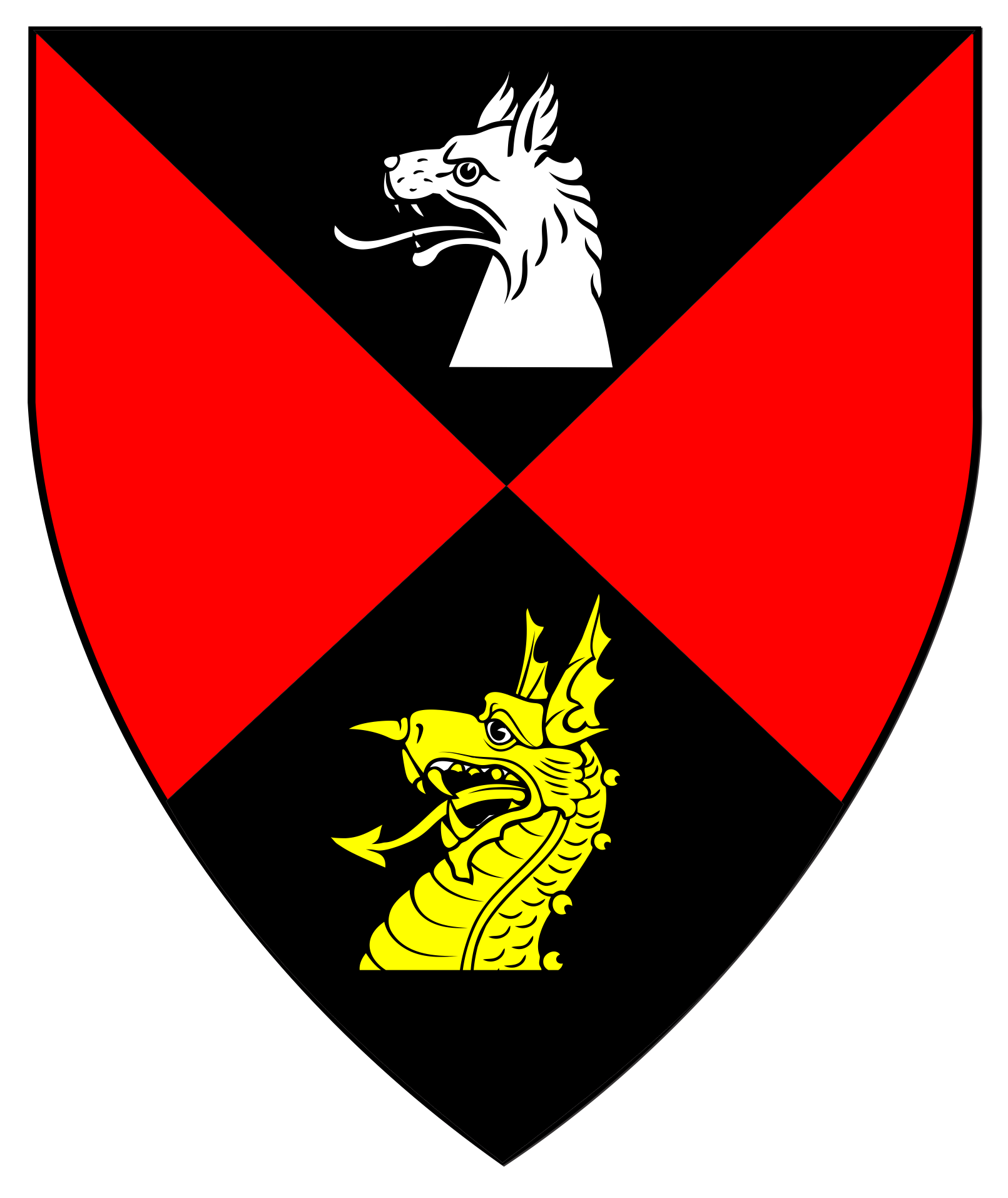 Per saltire sable and gules, in pale a wolf's head couped argent and a dragon's head couped Or.