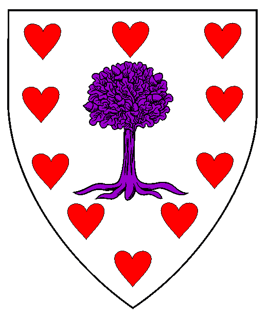 Argent, a tree purpure within an orle of hearts gules.
