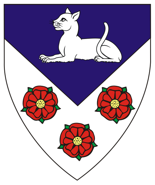 Per chevron inverted azure and argent, a cat couchant argent and three roses proper.