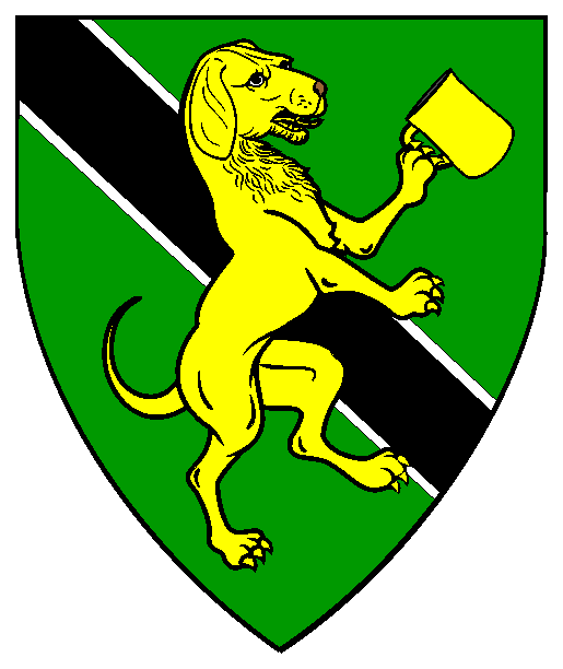 Vert, a bend sable fimbriated argent, overall a talbot rampant contourny maintaining a mug Or.
