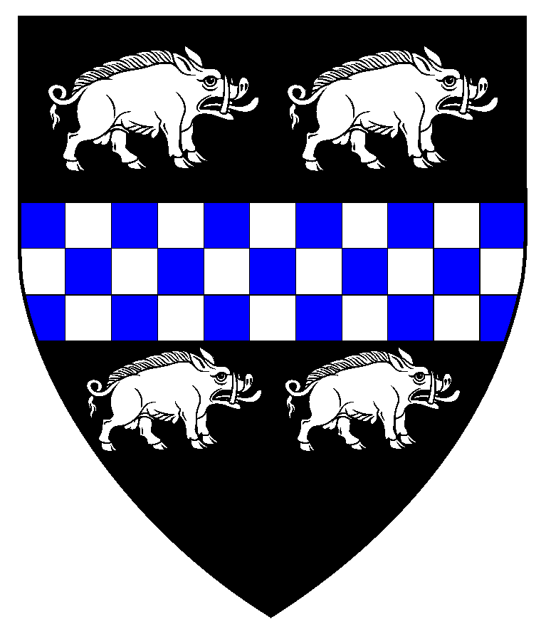 Sable, a fess checky azure and argent between four boars passant contourny argent.