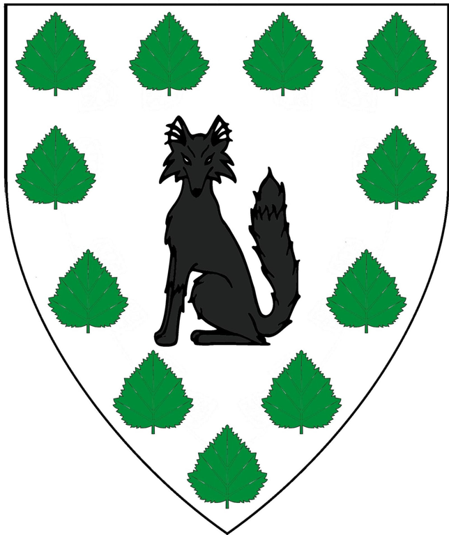 Argent, a fox sejant guardant sable within an orle of birch leaves vert.
