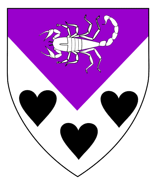 Per chevron inverted purpure and argent,<BR> a scorpion fesswise argent and three hearts sable. 