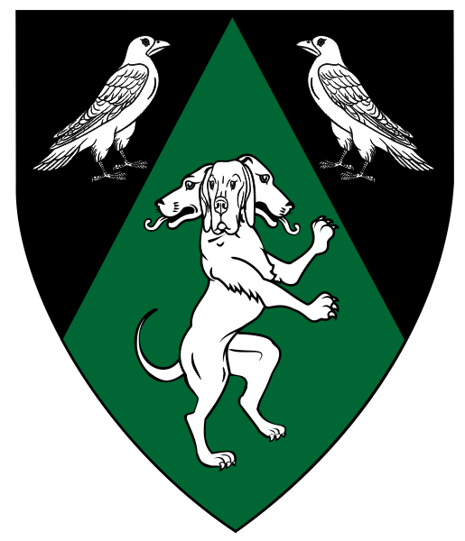 Per chevron throughout sable and vert, two ravens respectant and a three headed dog rampant contourny argent.