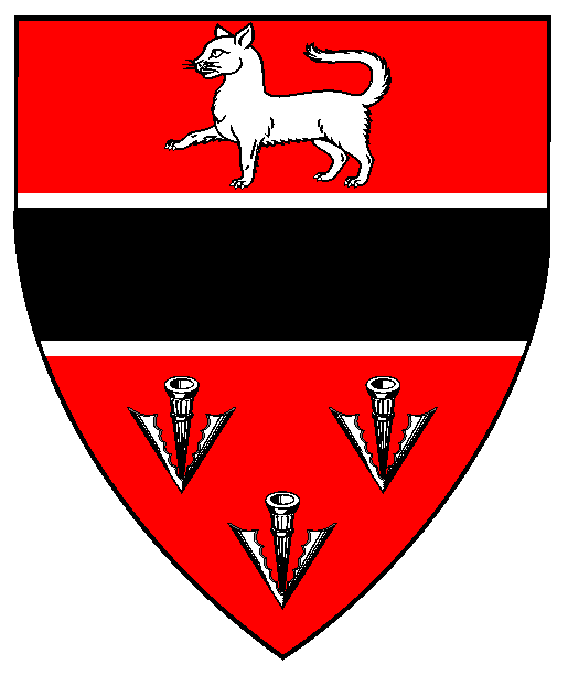 Gules, a fess sable fimbriated between a domestic cat passant and three pheons argent.