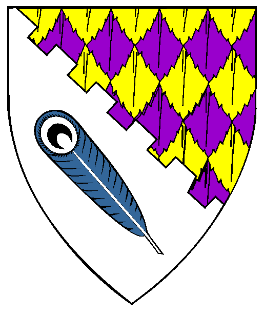 Per bend embattled plumetty Or and purpure and argent, in base a peacock's feather bendwise azure.