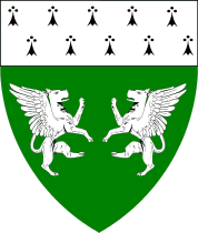 Vert, two winged mastiffs combattant argent and a chief ermine.