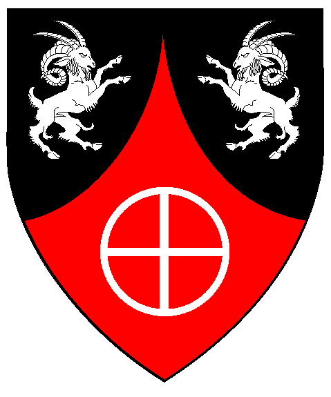 Per chevron ploy sable and gules, two musimons combatant and a Norse sun-cross argent.
