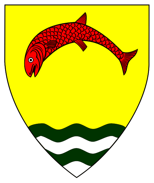 Or, a salmon embowed gules <BR>and a base wavy barry wavy vert and argent. 