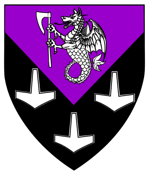 Per chevron inverted purpure and sable, <BR>a sea-dragon maintaining an axe and three Thor's hammers argent. 