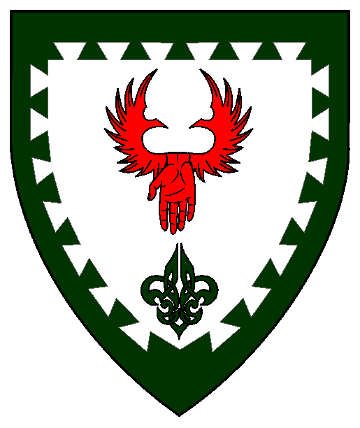 Argent, in pale a hand inverted winged gules and a fleur-de-lys, a bordure dovetailed vert.