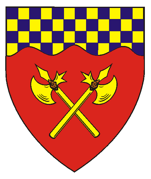 Gules, 2 battelaxes Or in saltire a chief wavy checky azure and Or.
