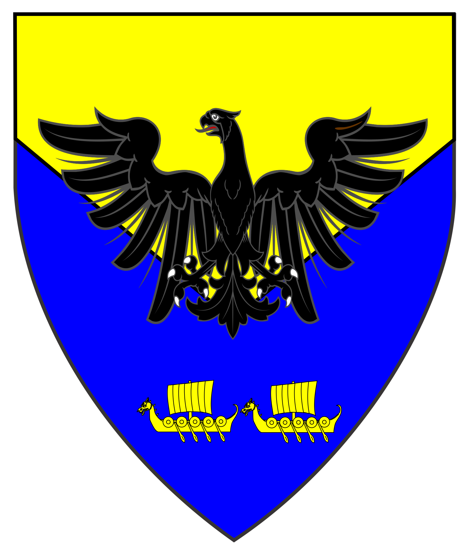 Per chevron inverted Or and azure, an eagle sable, in base two drakkars Or.