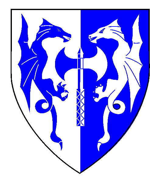 Per pale argent and azure, in fess a double-bitted axe between two wyverns combattant counterchanged