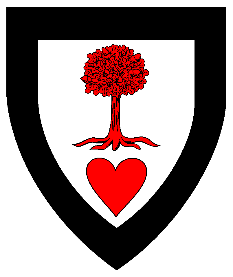 Argent, a tree eradicated and in base a heart gules, a bordure sable. 