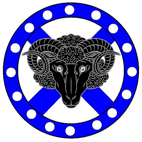 Argent, a saltire azure surmounted by a ram's head cabossed sable, a
bordure azure platy.