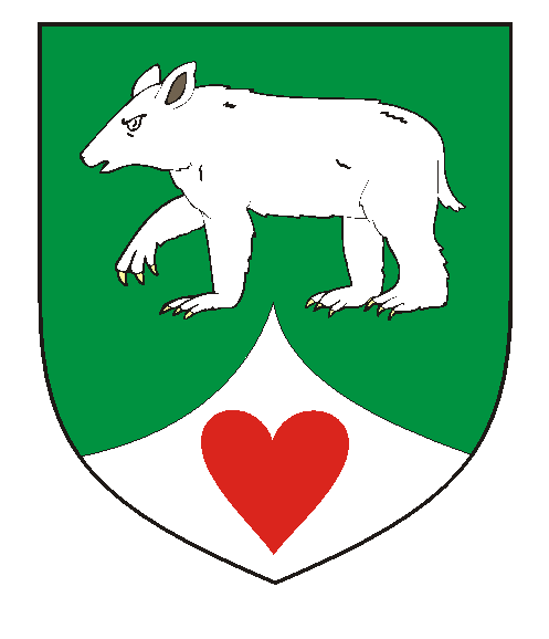 Vert, a bear passant and on a point pointed argent a heart gules.