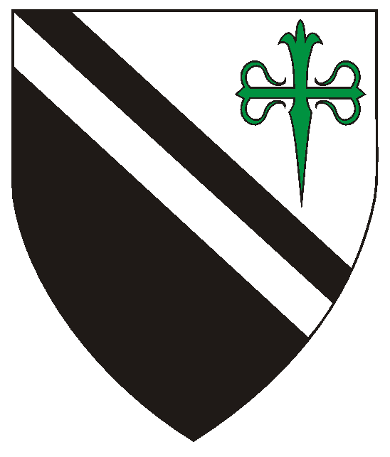 Per bend argent and sable, a bend counterchanged and in sinister chief a cross of Santiago vert. 