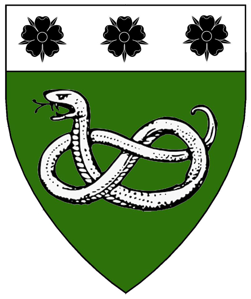 Vert, a serpent nowed and on a chief argent three roses sable.