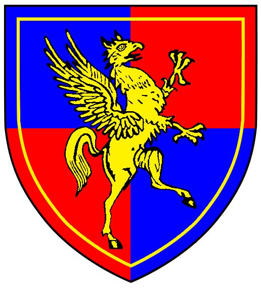 Quarterly azure and gules, a hippogriff segreant contourny within an orle Or.
