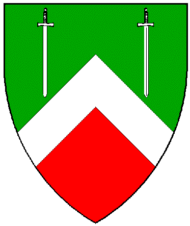 Per chevron vert and gules, a chevron and in chief two swords inverted argent.