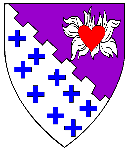  Per bend embattled purpure and argent crusily couped azure, on a flame argent a heart gules.