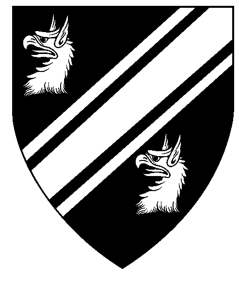 Sable, a bend sinister cotised between two gryphon's heads erased argent.