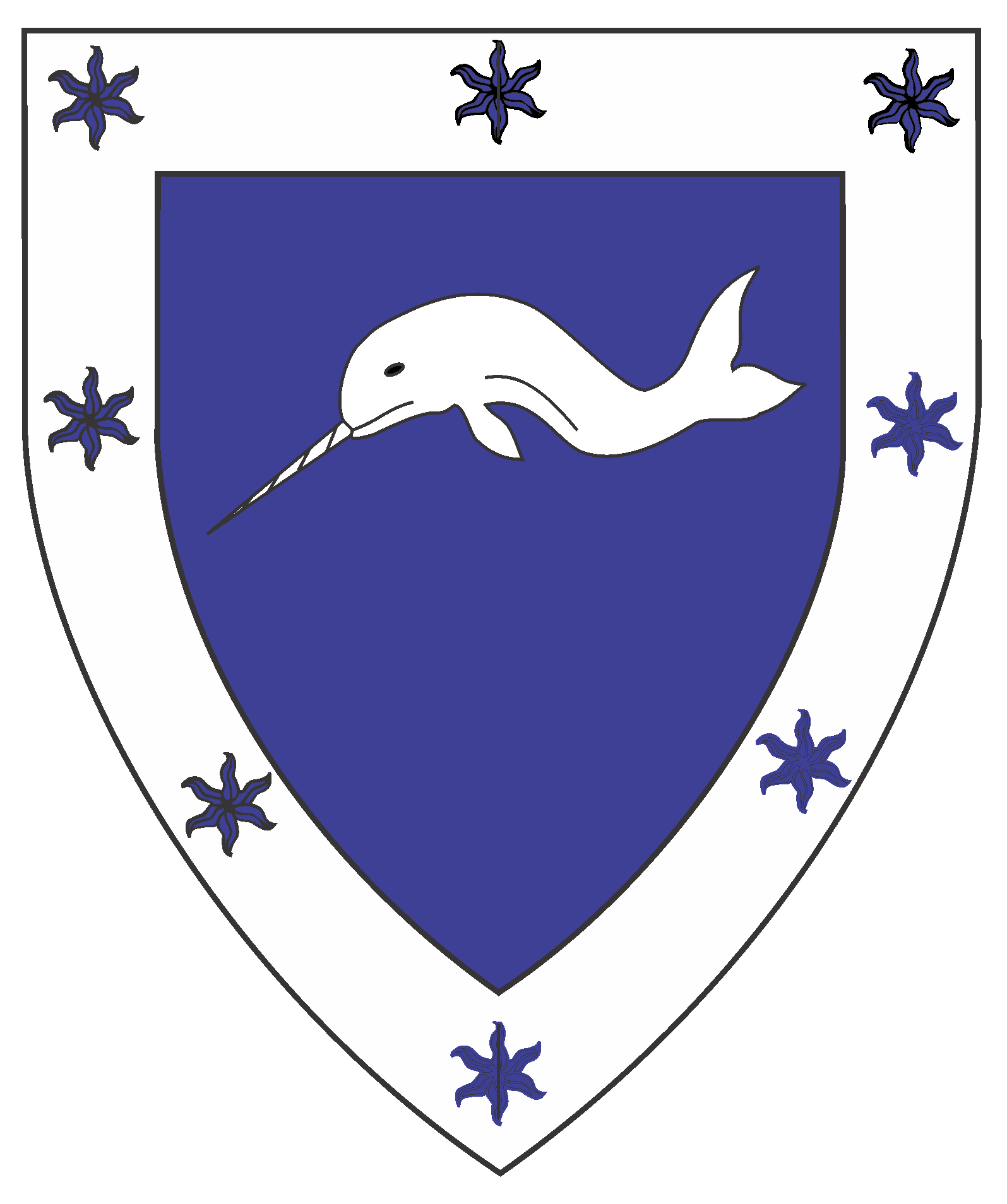  Azure, in chief a narwhal naiant argent, a bordure argent estoilly azure.