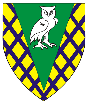 Or fretty azure, on a pile vert an owl contourny argent.