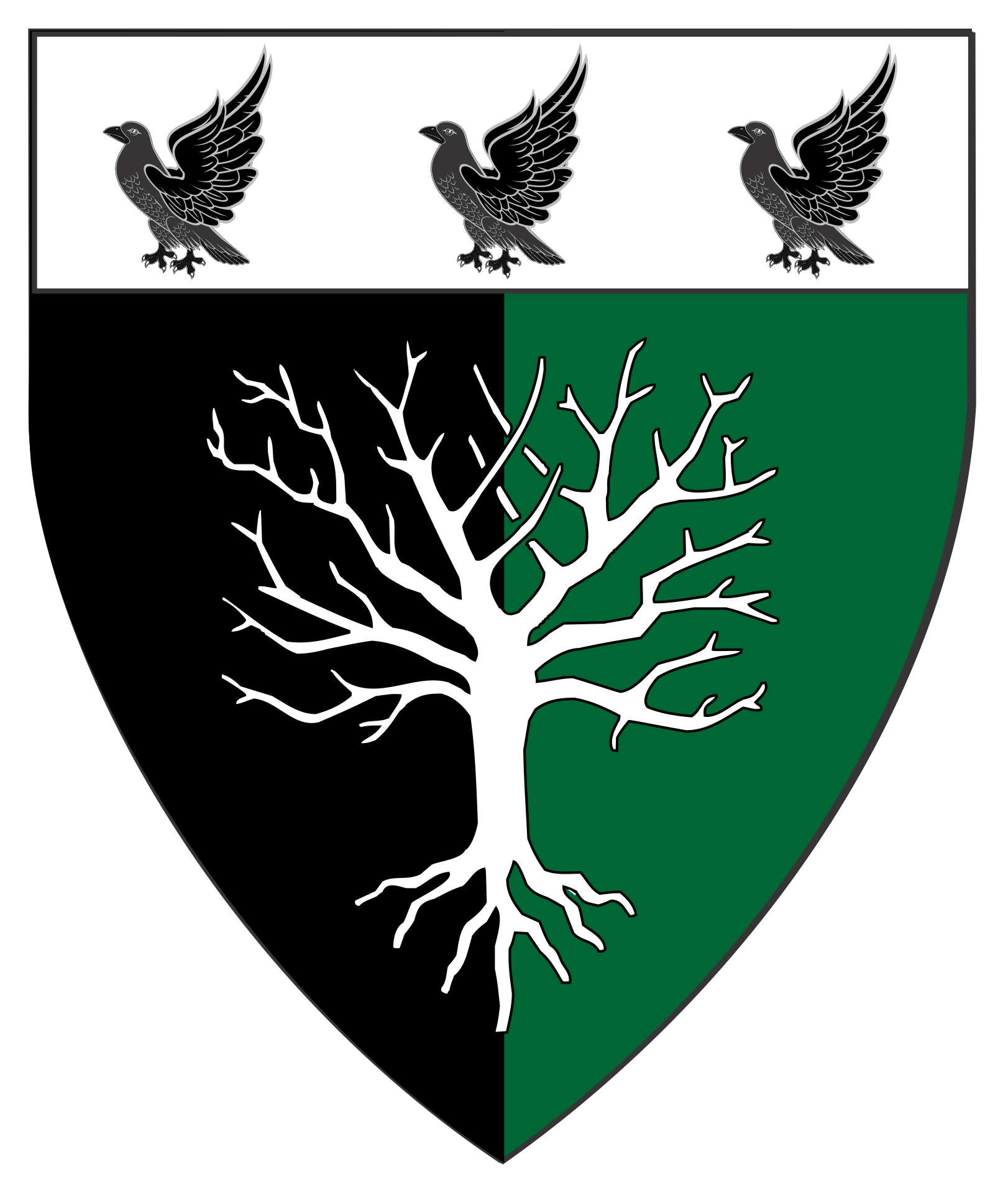 Per pale sable and vert, a tree blasted and eradicated, on a chief argent three ravens rising sable.