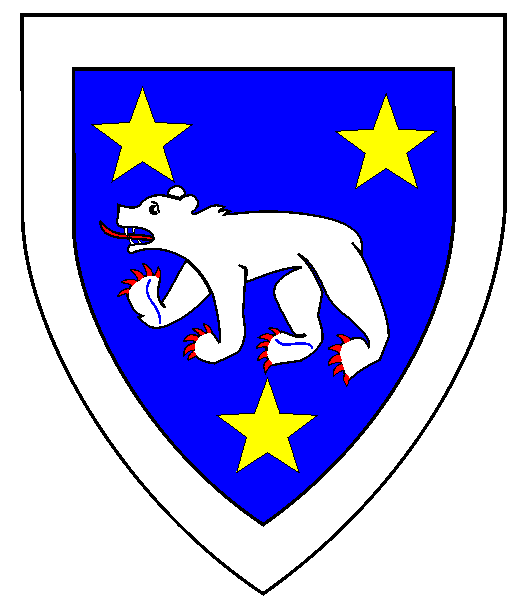 Azure, a bear passant argent between three mullets Or, a bordure argent.