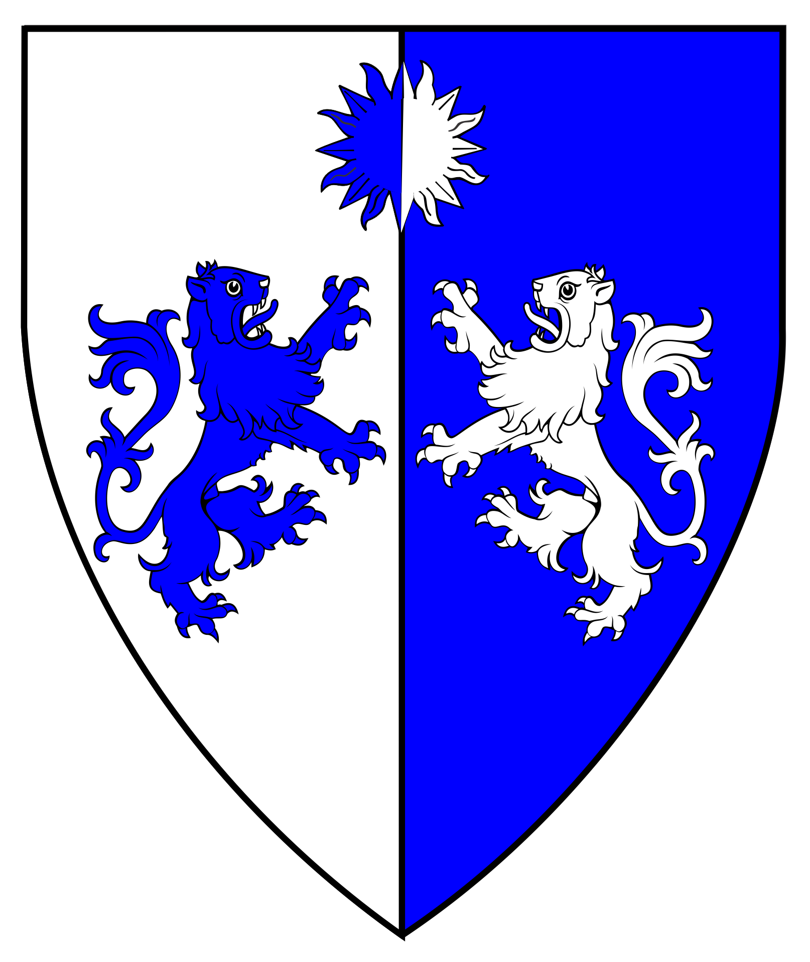 Per pale argent and azure, two lions combattant, in chief a sun counterchanged.