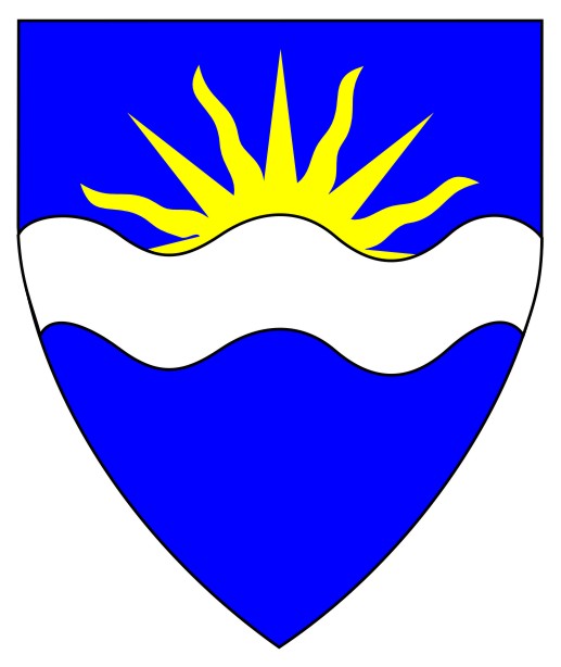 Azure, issuant from a fess wavy argent, a demi-sun Or.