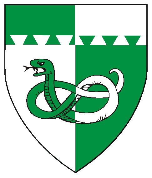 Per pale argent and vert, a serpent nowed and a chief dovetailed counterchanged.