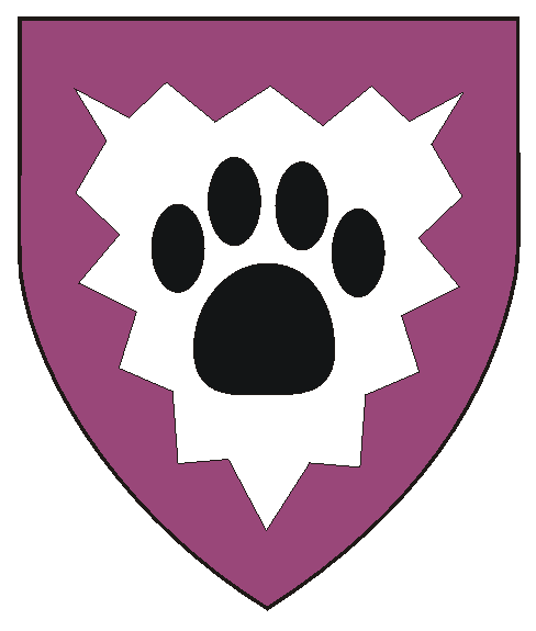 Argent, a dog's pawprint sable
within a bordure indented purpure.