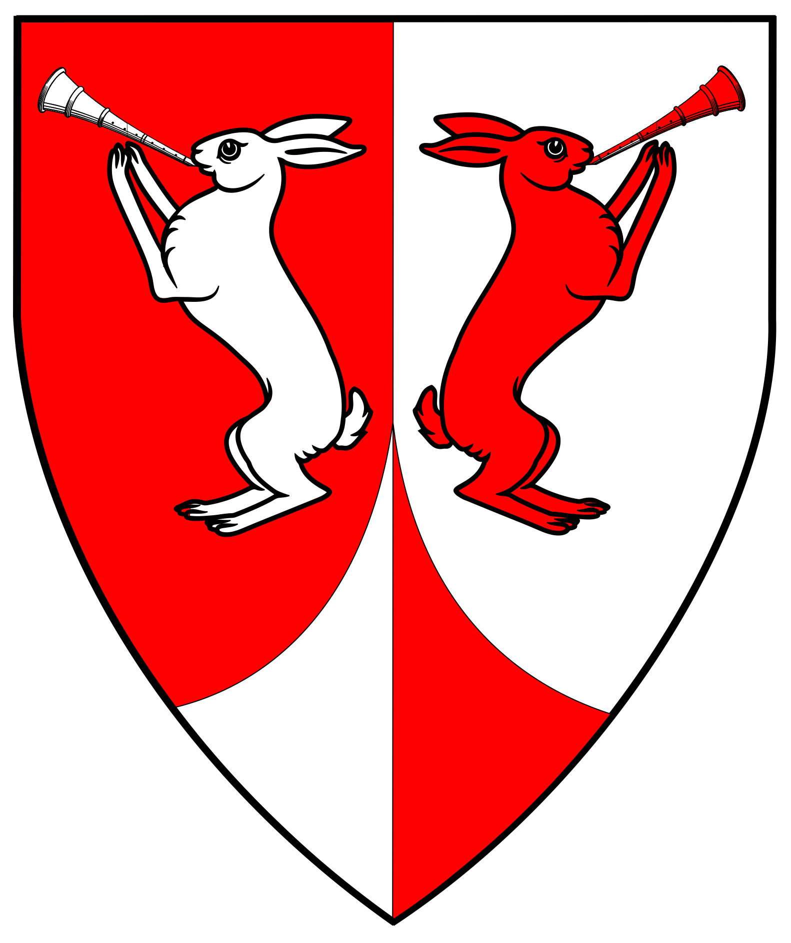 Per pale gules and argent, two rabbits salient addorsed each playing a hautboy, a point pointed counterchanged.