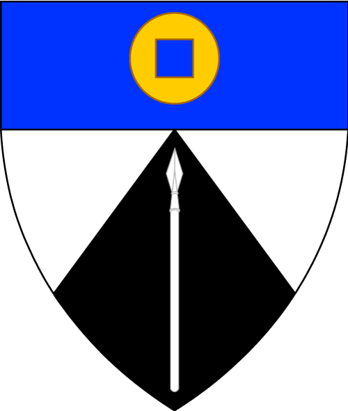 Per chevron throughout argent and sable, a spear argent, on a chief azure a roundel square-pierced Or.