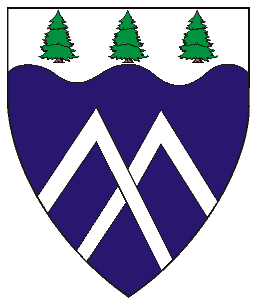 Azure, two chevronels braced and on a chief wavy argent three spruce trees vert.