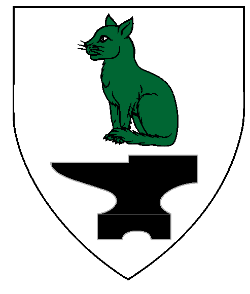 Argent, in pale a domestic cat sejant vert and an anvil sable.