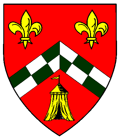 Gules, a chevron counter-compony vert and argent 
between two fleurs-de-lys and a pavillion Or.