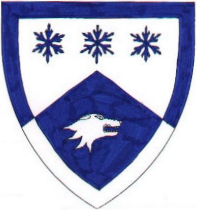 Per chevron argent and azure, three snowflakes in fess and a wolf's head contourney erased within a bordure counterchanged.