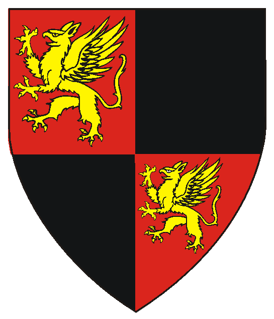 Quarterly gules and sable, in bend two griffins Or.
