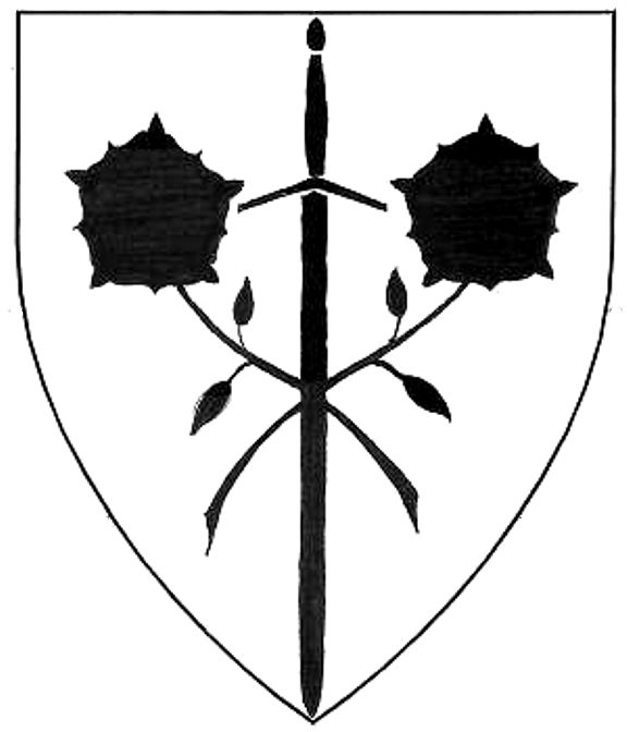  Argent, a sword inverted its blade surmounted by two roses in
    saltire slipped and leaved sable.