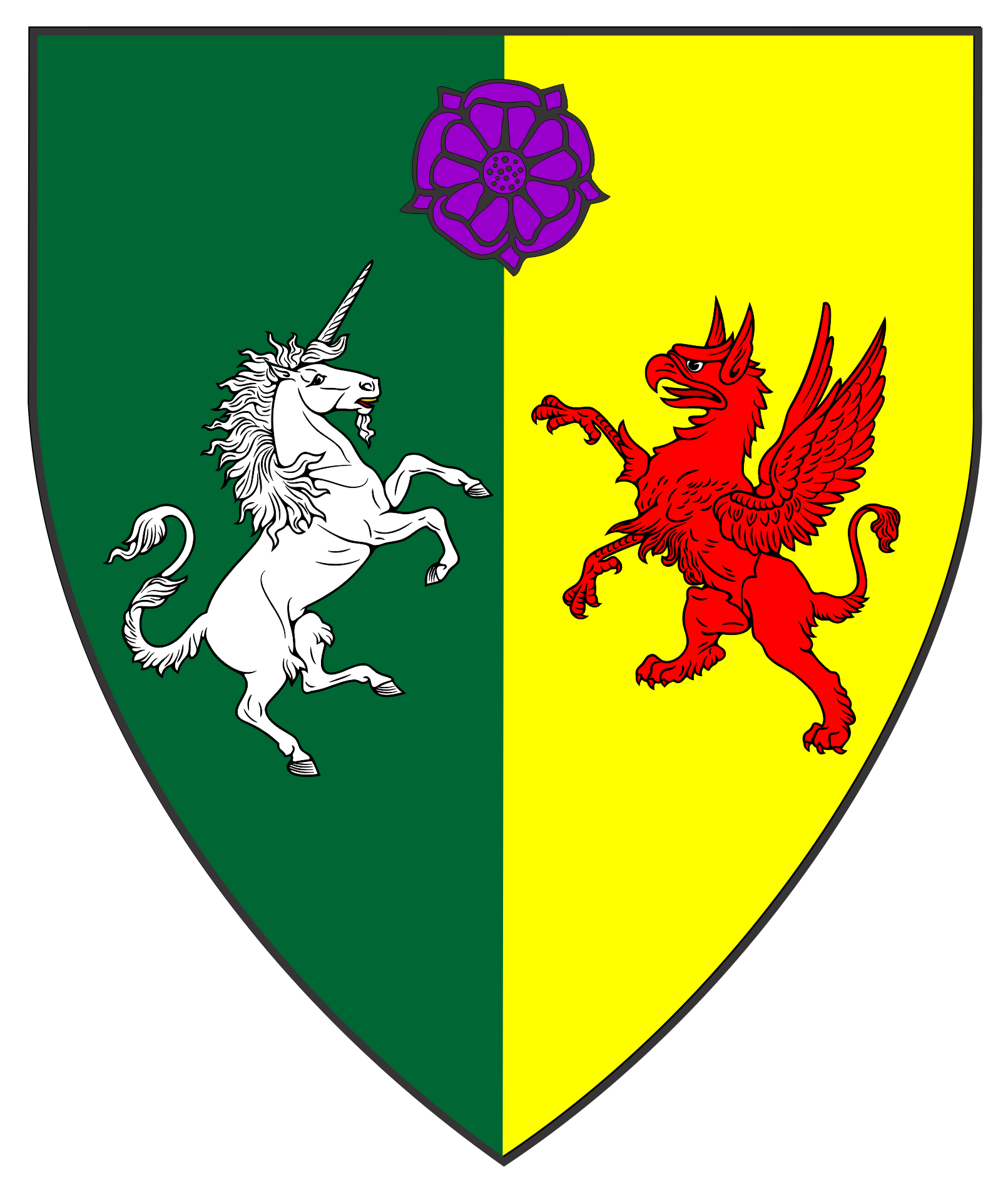 Per pale vert and Or, a unicorn contourny argent and a griffin gules, in chief a rose purpure.