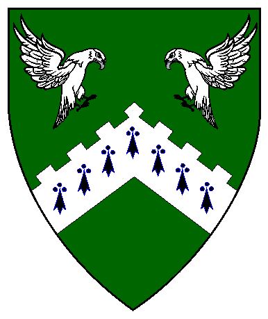 Vert, a chevron embattled ermine and in chief two falcons striking respectant argent.