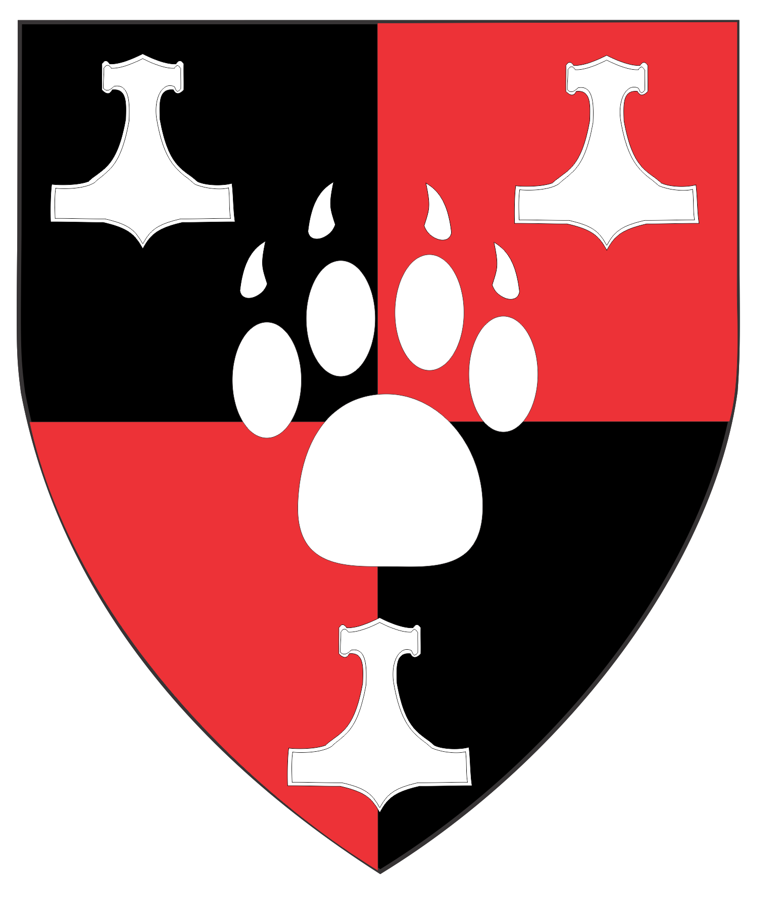 Quarterly sable and gules, a bear's paw print between three Thor's hammers argent.