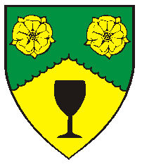 Per chevron engrailed vert and Or, two roses Or and a goblet sable.